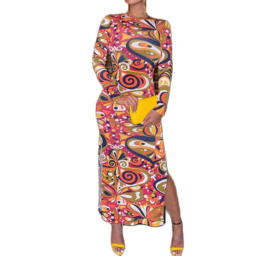 

Print Long Sleeve Bodycon Dress Women Slim Fit Stretchy Vestidos