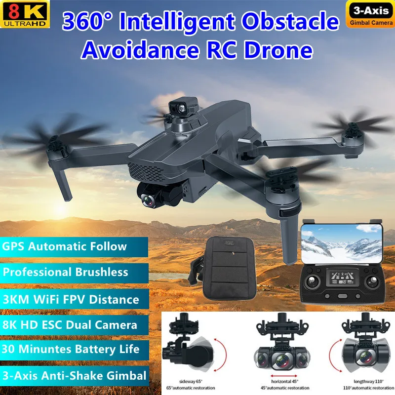 

360° Intelligent Obstacle Avoidance GPS Follow Me RC Drone 8K ESC 3-Axis Gimbal 3KM Brushless WIFI FPV RC Quadcopter Model VS M1