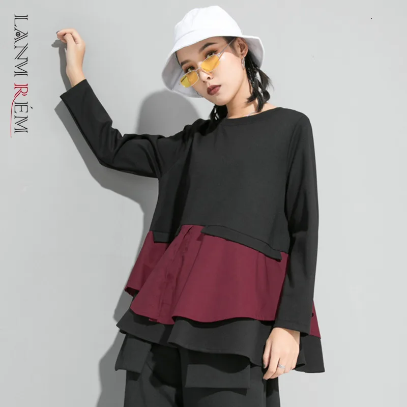 LANMREM хит цветная Лоскутная гофрированная женская футболка повседневная длинный