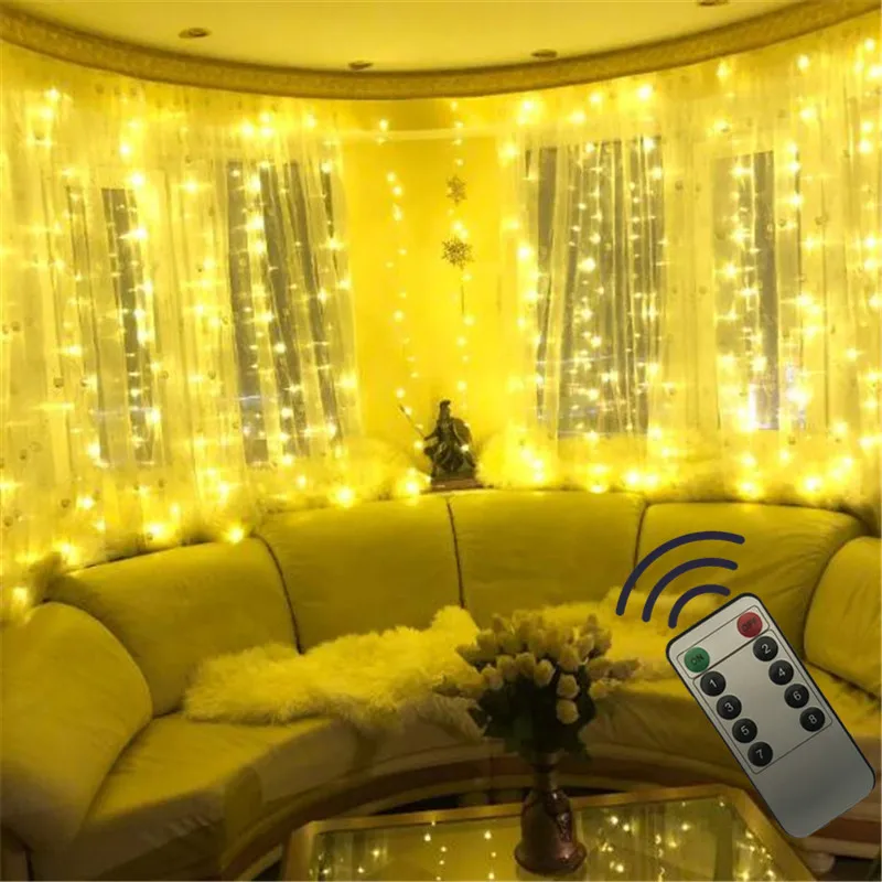 3x3m 300LED Copper Wire Icicle Curtain Lights USB With Remote Fairy Lights String Garland For Wedding Party Window Bedroom Decor