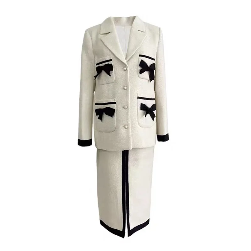 

PERHAPS U Women Vintage Tweed Blazer Pencil Skirt Two-Piece Set Khaki Bow Beige Single Breasted Pocket T0484