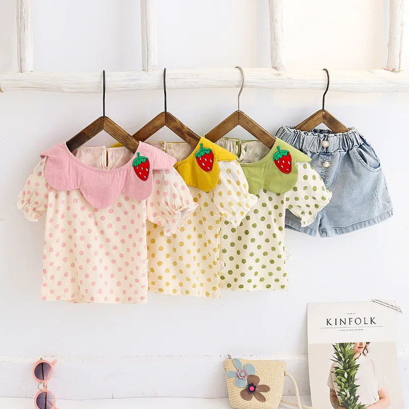 

Summer baby girl clothes cute cartoon print lotus leaf collar short-sleeve T-shirt shorts suit girl cotton casual 2 pcs kids set
