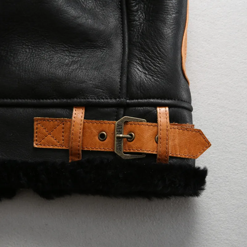 

Axirex-fly B3 flight real fur sheepskin coat winter genuine black leather bomber jacket men