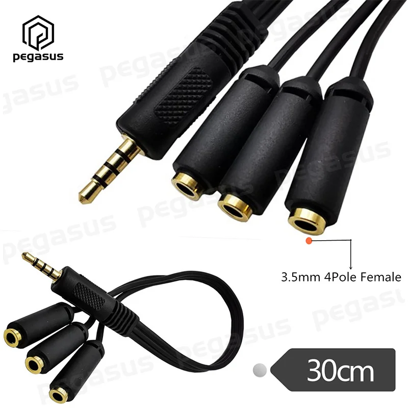 

0.3 Meters Gold-Plated DC 3.5mm (1/8") Male to 3*Female 3.5mm TRRS 4-Pole/3-Rings Stereo Splitter Audio Cable