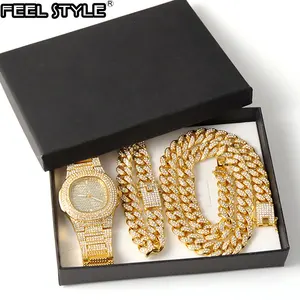 Gold Necklace +Watch+Bracelet Hip Hop Miami Curb Cuban Chain Gold Full Iced Out Paved Rhinestones CZ in Pakistan