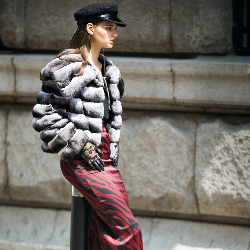 FURSARCAR 2021 New Winter Rex Rabbit Fur Women's Coat Slim Short Chinchilla Jackets With Hood For Female Rabbit Fur Outwear