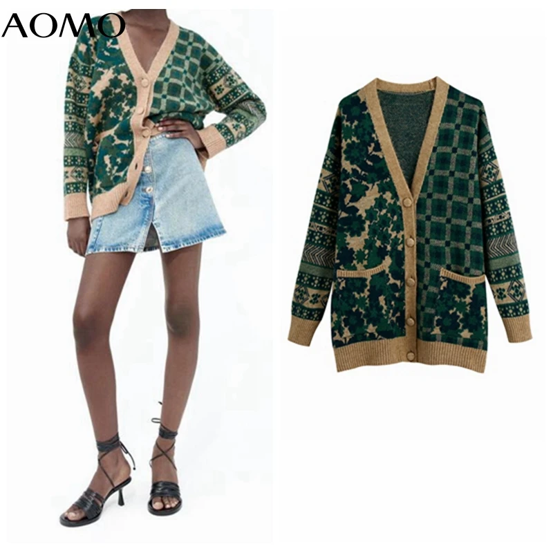 

AOMO Women 2021 Fashion Green Jacquard Knit Cardigan Sweater Vintage Long Sleeve Pockets Female Outerwear BE76A