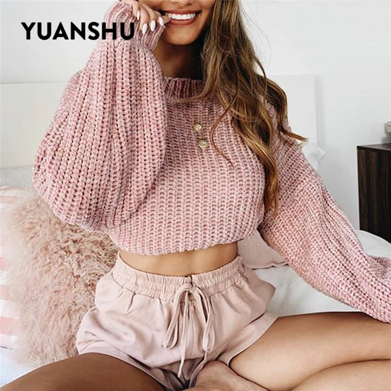 Женский укороченный вязаный пуловер YUANSHU розовый свитер с круглым вырезом и