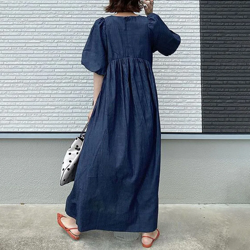 

summer korean women dress denim puff sleeve casual long maxi robe femme vestiods 2021 new chic high waist dresses japan