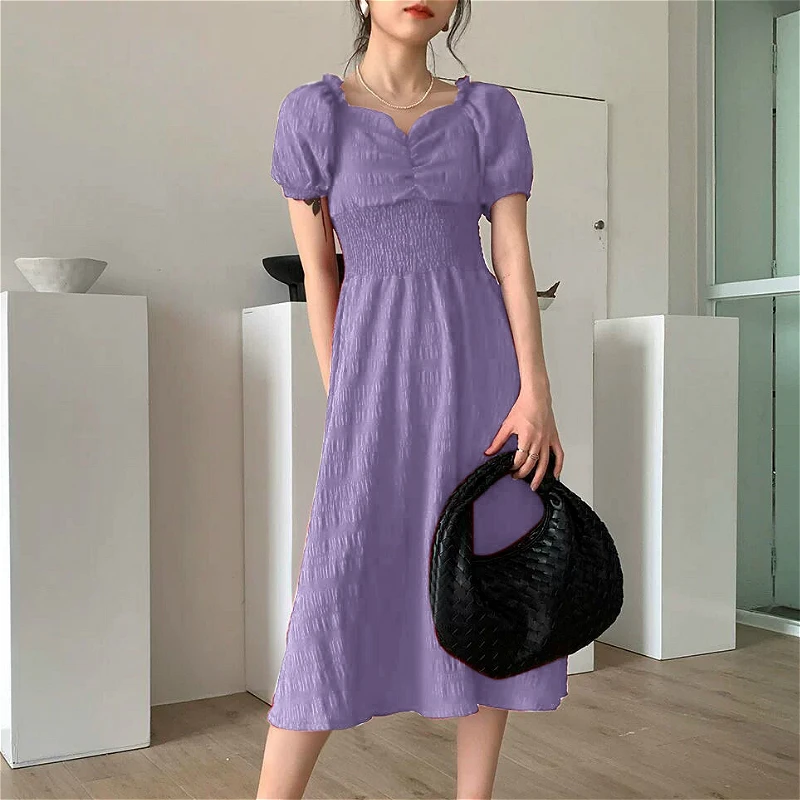 Dress Women Retro Burgundy Summer Stylish Holiday Girls Dresses High Waist Lovely Puff Sleeve Elegant Soft Womens Party Vestidos | Женская