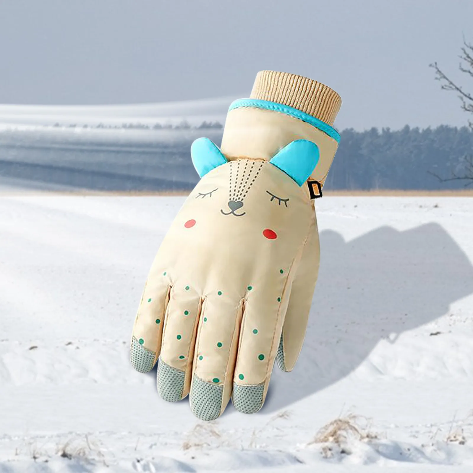 

Kids Winter Waterproof Thick Snow Gloves Solid Color Cartoon Ears Thermal Insulated Windproof Sport Snowboard Ski Warm Mittens
