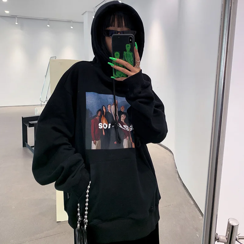

QWEEK Y2K 90s Vintage Women Hoodies Hippie Streetwear Oversized Pullovers E-girl Gothic Long-sleeve Autumn Black Hoodie Female