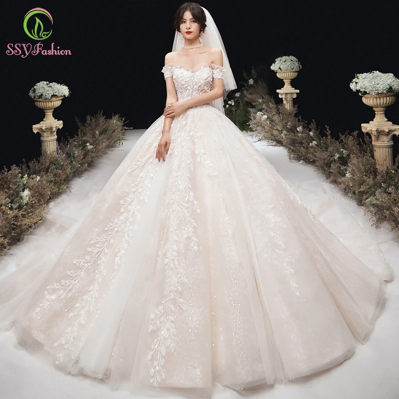 

SSYFashion роскошное свадебное платье для Для женщин элегантный вырез лодочкой светильник приглашения на свадьбу с кружевом Бисер свадебное пл...