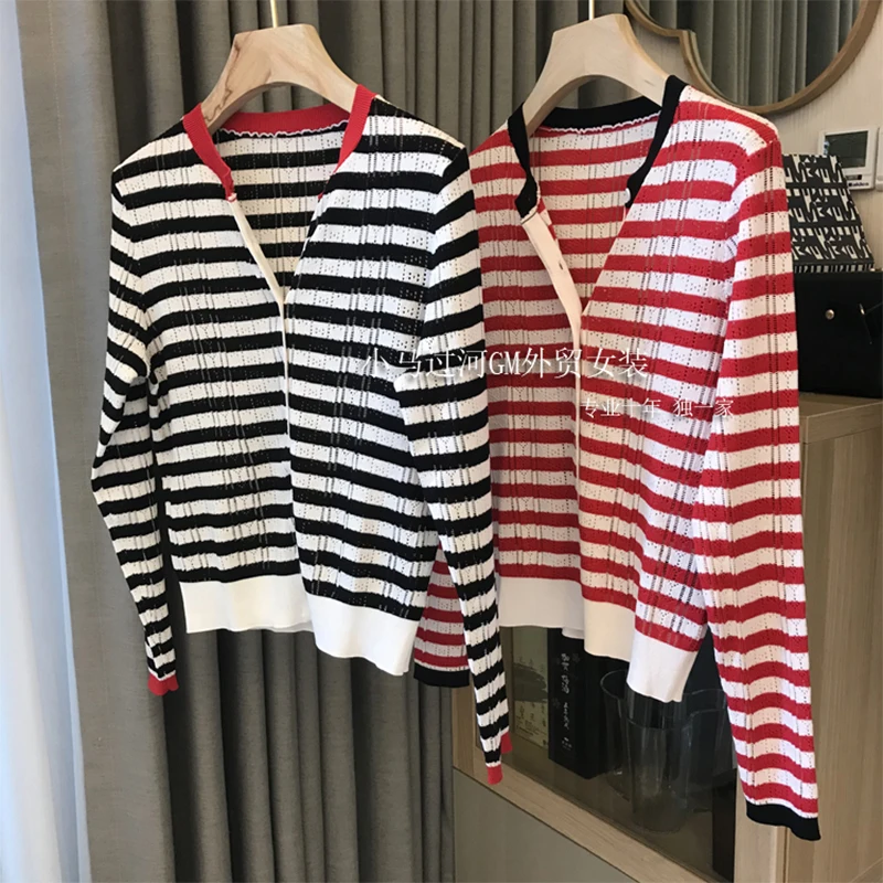 

Summer Thin Style Hollow-Out Striped Knitted Cardigan Tops For Women 2021 Fashion Vintage Long Sleeve Casual Female Shirt Tops