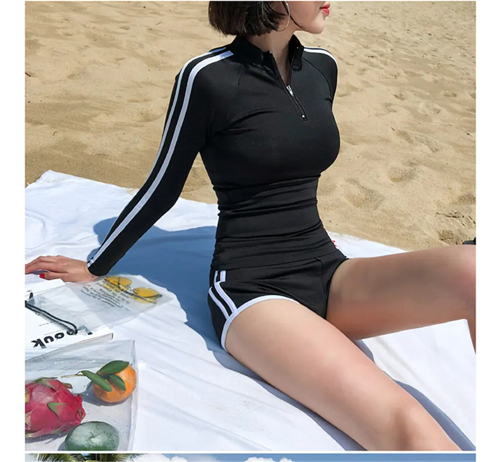 С длинным рукавом из двух частей Rashguard Женские однотонные купальники на молнии шорты Танкини полосатая блузка полосатый погружной костюм пуш-ап купальник Pad