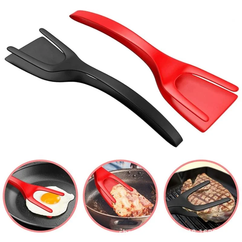 

Multifunctional Non-Stick Food Clip Tongs Fried Egg Cooking Turner Pancake Spatula Pizza Barbecue Omelet Kitchen Clamp 2 In 1