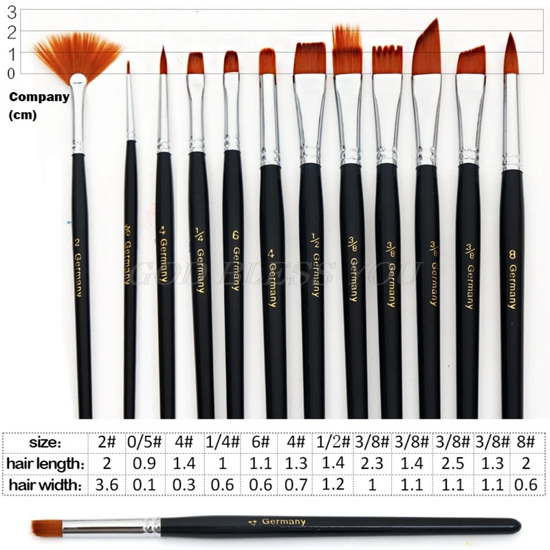 12 шт. нейлоновая краска для волос Акриловая масляная рисования Акварельная кисть