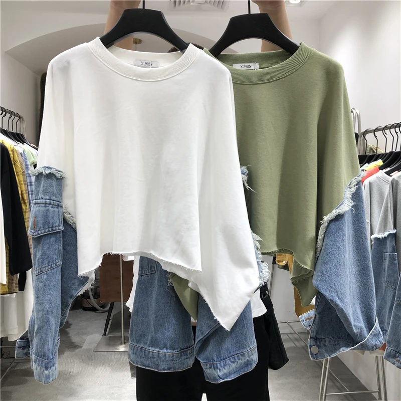 Корейская мода 2019 Новая Осенняя джинсовая Лоскутная Толстовка ковбой рукав