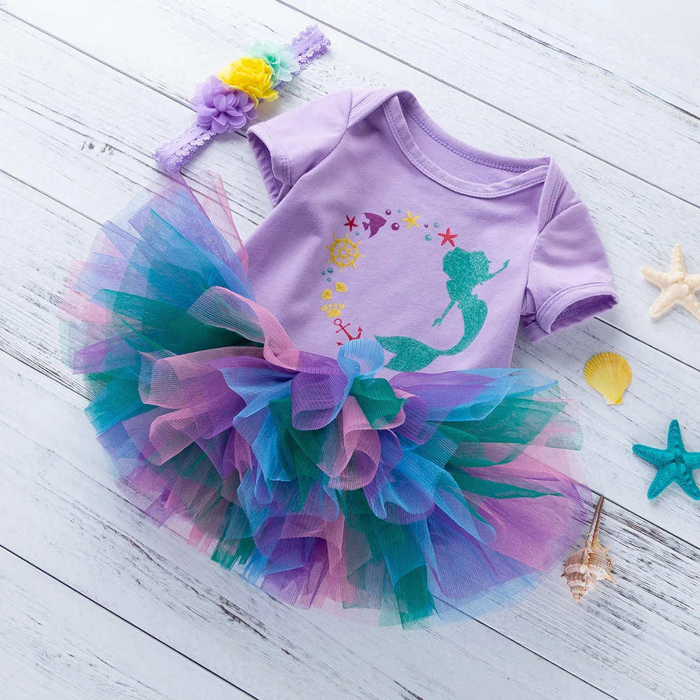 Mermaid Purple 3Pcs Clothing Sets Toddler Tutu Skirt Cute Baby Outfits Infant Girls Dress Newborn Romper Girl Clothes | Детская одежда