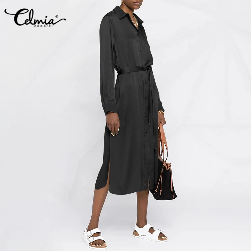 Celmia 2022 Summer Women Lightweight Belted Satin Midi Dress Casual Long Sleeve Shirt Dress Summer Elegant Lapel Slit Vestidos