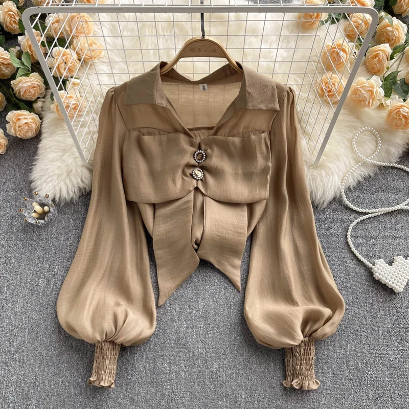 

Блузка женская с длинным рукавом-фонариком, шикарная свободная офисная рубашка цвета хаки с V-образным вырезом, повседневный однотонный топ...