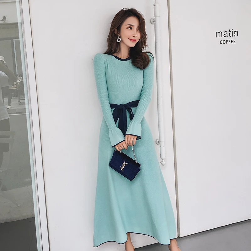 Высокое качество Осень зима длинное трикотажное платье модное для женщин