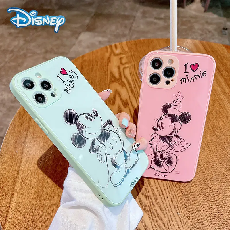 

Disney Mickey Phone Glass Case for iPhone 13 13Pro 12 12Pro 11 Pro X XS Max XR 7 8 Plus Cute Couples Anti-Fall Protective Cover