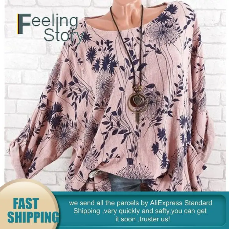 Для женщин туники плюс Размеры круглым вырезом Листья печати Блузка Летучая мышь