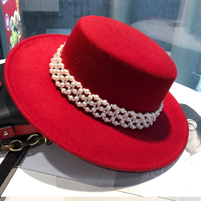 

Fedora hat pearl accessories China red felt hat men's jazz hat brim 6cm church hat ladies hat men's pearl шляпа женская