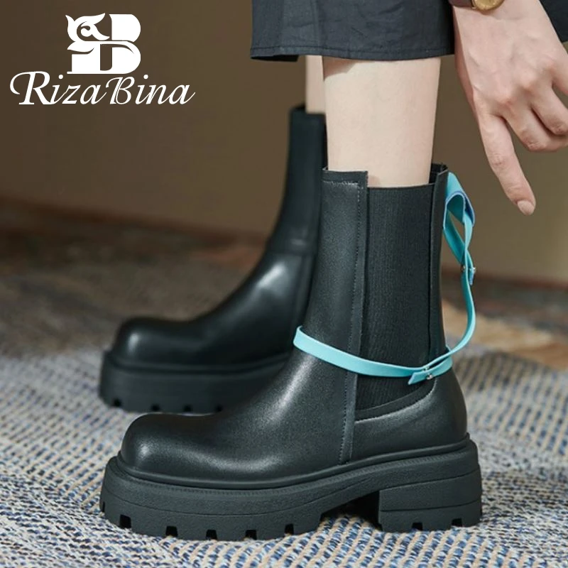 

RIZABINA Real Leather Ankle Boots Shoes Low Heel Rivets Fashion Cool Mixed Color Winter Ladies Footwear Size 34-40