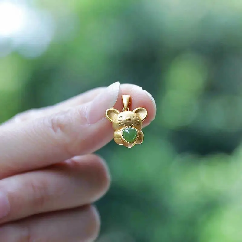 

Natural Hetian Jade Green Jade Fortune Mouse S925 Sterling Silver Pendant Jade Necklace Lucky Gilding Craft Silver Necklace