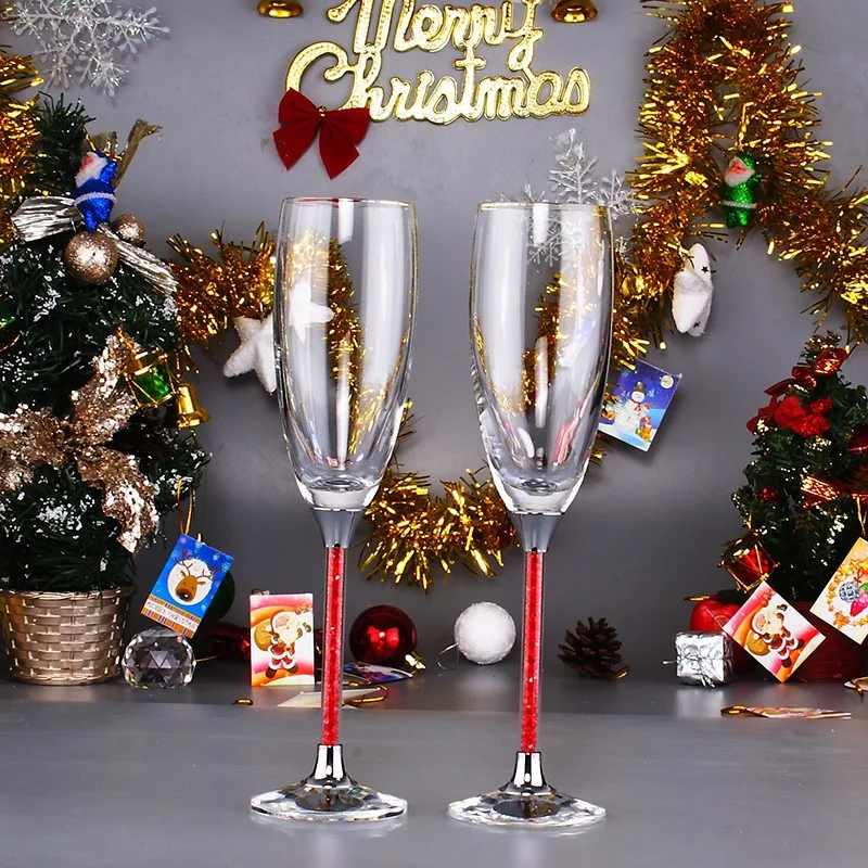 

1Pair Wedding Champagne Red Wine Glasses With Crystal 2 Rings/Gold Gift Glass Decorations Flute Clear Goblet Beverage Container