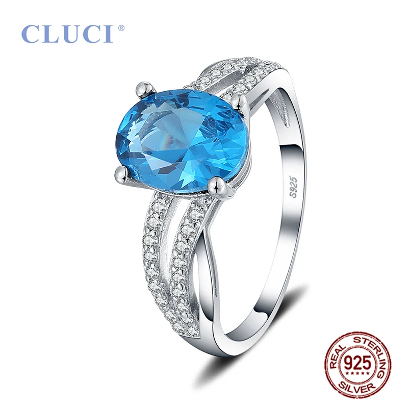 

CLUCI Роскошные 100% Настоящее серебро 925 пробы белый синий овальный кубический циркон кольца на палец для женщин Свадебные Ювелирные изделия Подарки DR1051SB