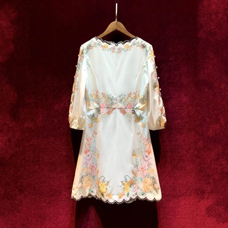 Vintage French Dress 2022 Women V-Neck Single Breasted Printed Dress Half Sleeve Crystal Beading Summer White Vintage Dresses