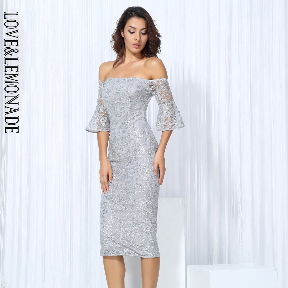 Женское платье с воротником LOVE &amp LEMONADE серебристыми бусинами и рукавами модель TB