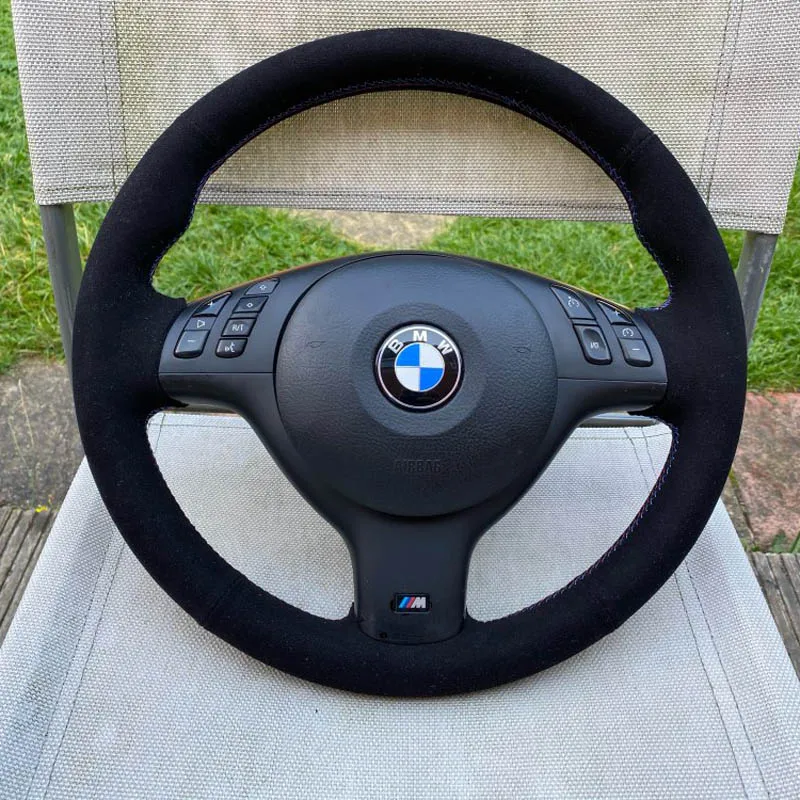 

DIY All Black Suede Red Thread Hand Sew Wrap Steering Wheel Cover for BMW E46 E39 330i 540i 525i 530i 330Ci M3 2001-03