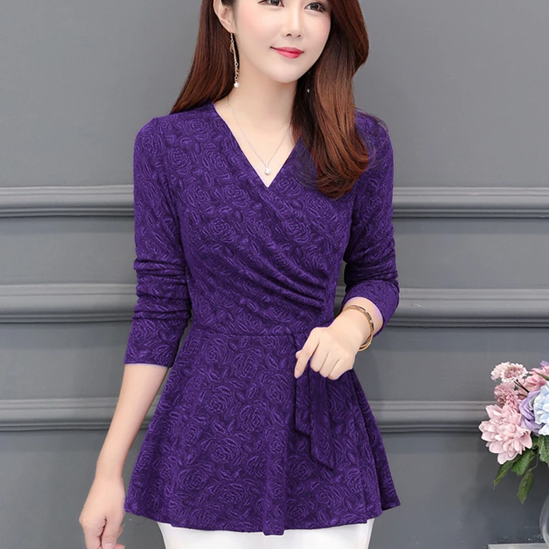 Женская блузка с длинным рукавом Повседневная облегающая V-образным вырезом и