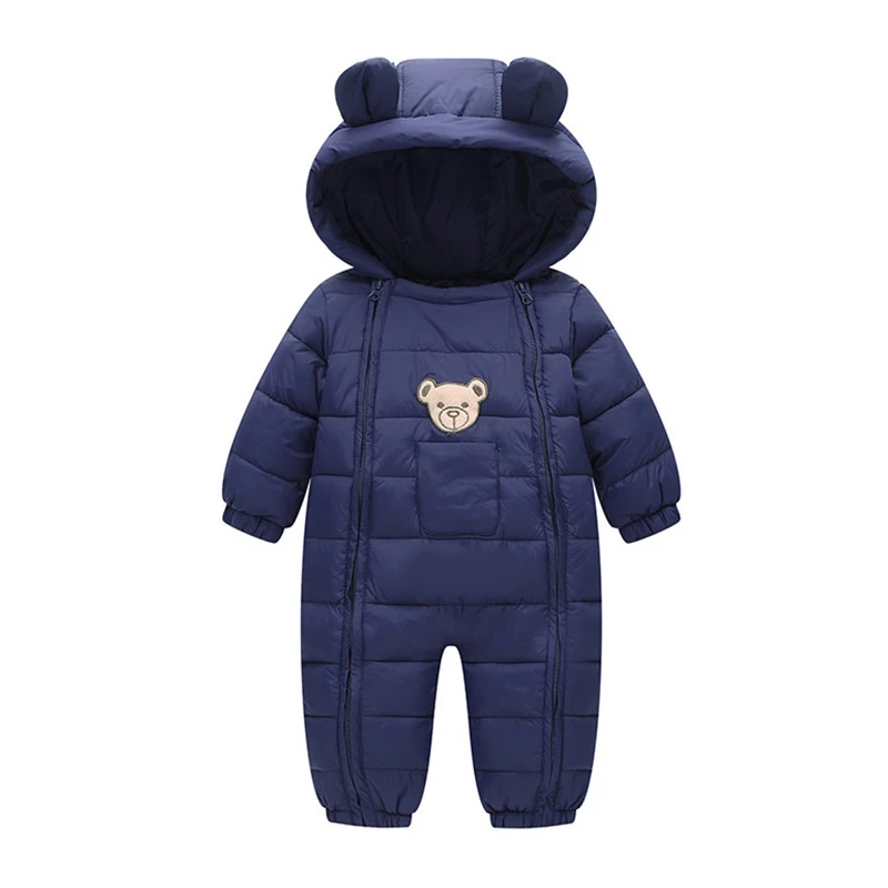 dark blue Для малышей, детей, зимняя верхняя одежда для маленьких мальчиков и девочек, зимняя куртка, Костюмы синий овечьей шерсти, утепленные, легкие, с капюшоном, замок-молния, украшены рисунками в виде комбинезона для детей; одежда для снежной погоды, Парка на пуху - Цвет: dark blue
