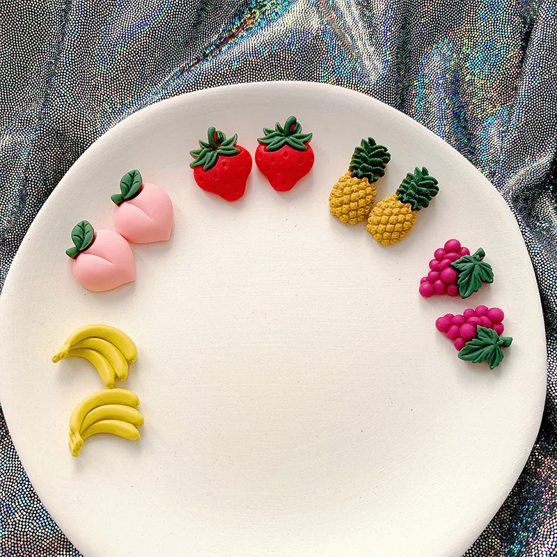 

New Summer Cute Ear Stud Fruit Party Ear Stud Stereo Strawberry Pineapple Earrings GIRL'S Heart Clip-on Ear Rings