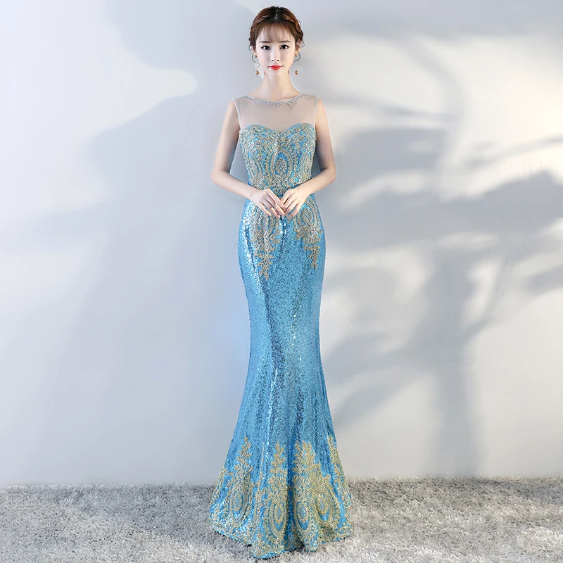 

Rhinestone Bling Sequins Exquisite Cheongsam Perspective Crew Collar Sexy Qipao Fairy Mermaid Vestidos Charming Maxi Dress Gown