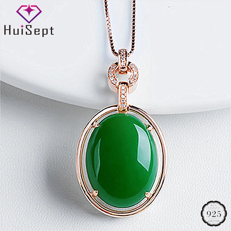

HuiSept Luxury Silver 925 Necklace Jewellery Oval Shaped Green Jade Zircon Gemstones Pendant Ornaments for Women Wedding Party