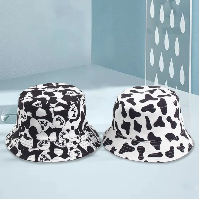 

2021 модные двусторонние черные и белые Панамы с коровьим узором шапки для рыбаков для женщин и мужчин летняя Солнцезащитная шляпа с защитой ...