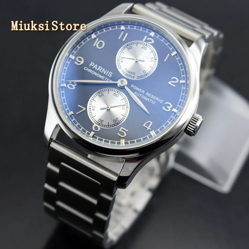 Parnis 43 мм Мужские топовые механические часы с синим циферблатом и стальным