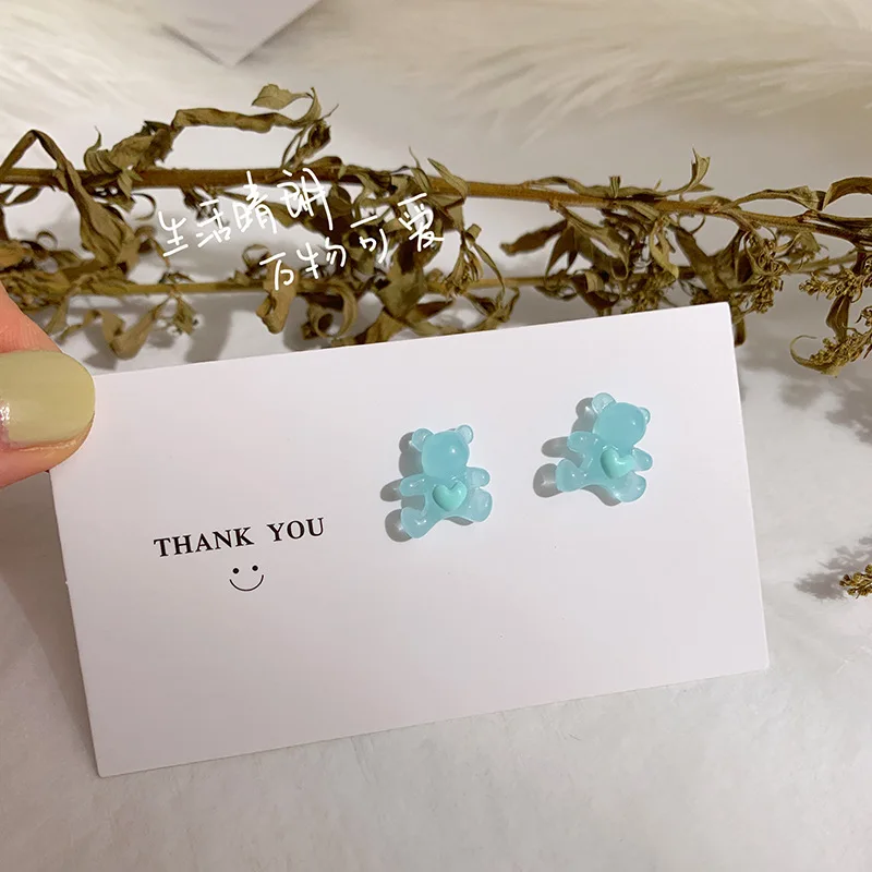 

2021 New S925 Silver Needle Bear Earrings Transparent Heart Color Jelly Soft Wind Lovely Women's Heart earrings
