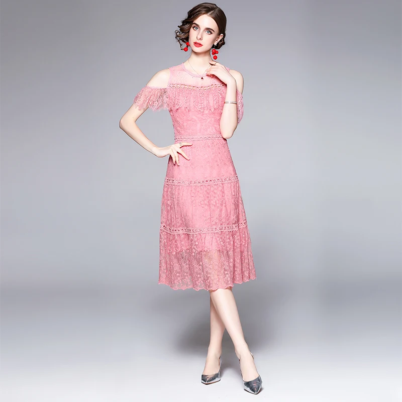 

2022 Summer Women's Dress Korean Retro Solid Color Round Neck Lace Stitching Strapless Dress New Waist Female Slim Dresses X675