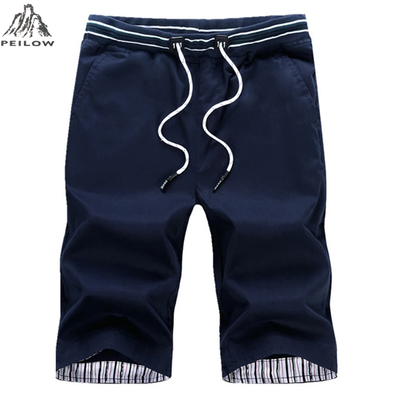 Peilow Летние повседневные шорты Для мужчин хлопок Slim Fit Solid Цвет до колена эластичный пояс Бермуды пляжные шорты брюки размер M~ 5XL