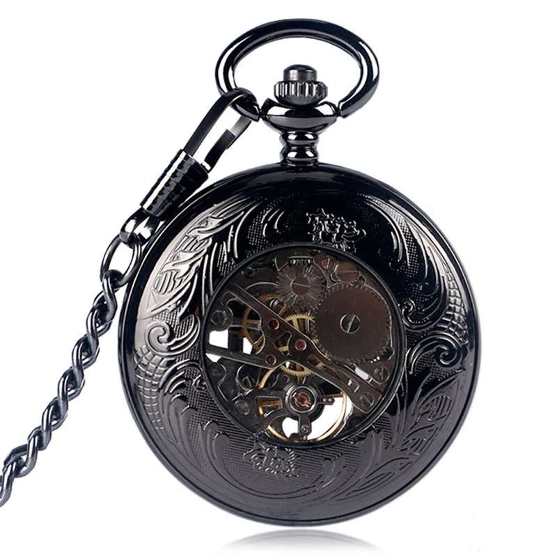 Steampunk Black Hollow Out Case Men's Handwinding Mechanical Pocket Watch Dad Design Pendant Chain Clock Gift To Father Reloj