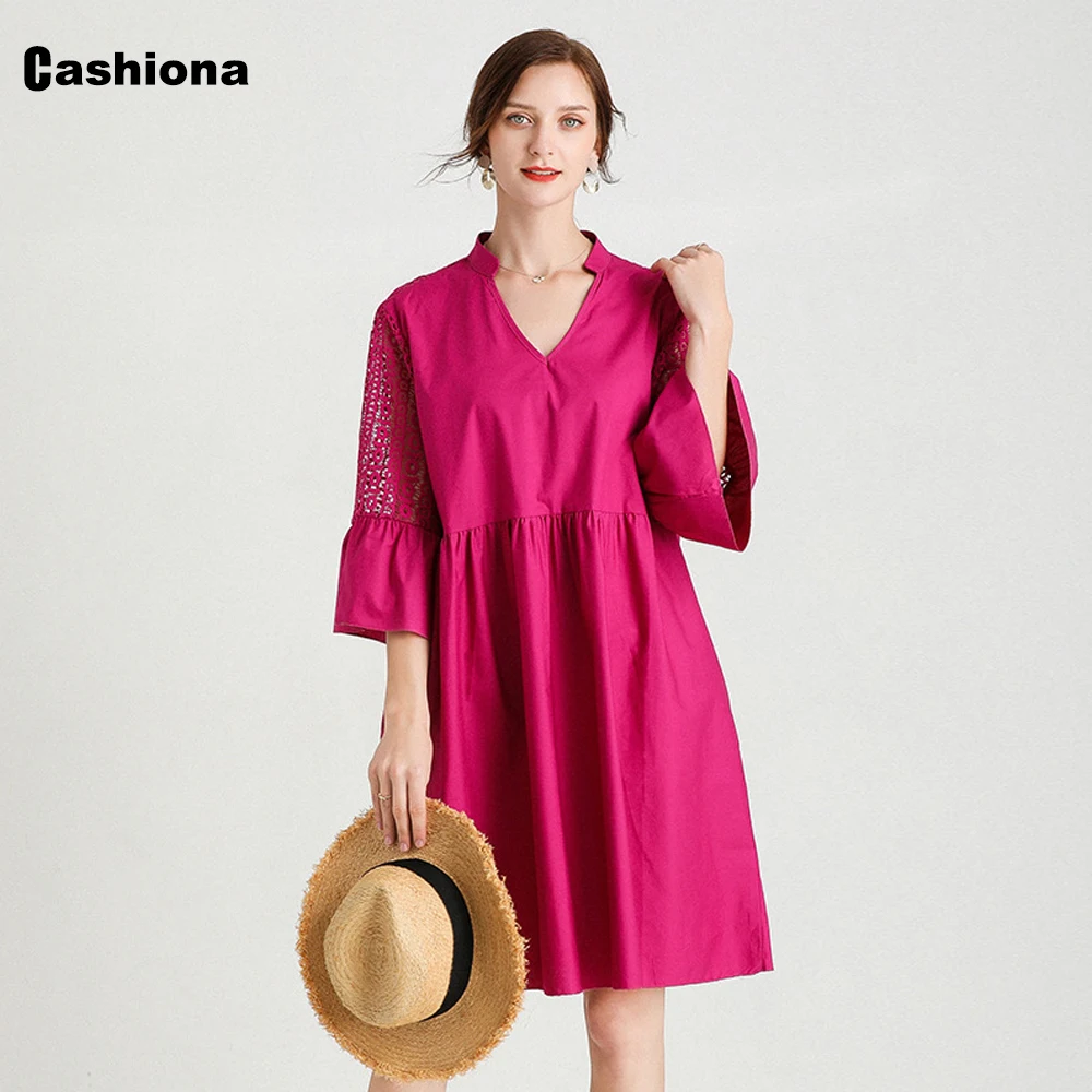 

2021 Summer Patchwork Lace Knee-Length Dress Ladies Elegant V-neck Party Dresses Plus size 4XL Women Three Quarter Sleeve Dress