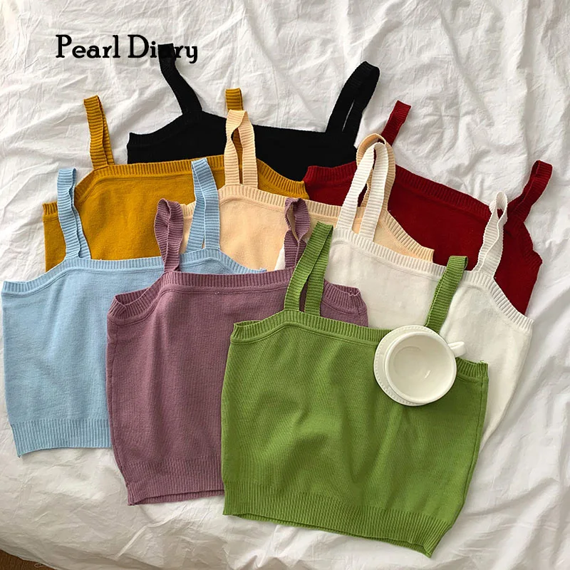 Купи Pearl Diary Women Solid Color Basic Knitted Tops топик женский Beachwear Strappy Crop Tops Summer Sleeveless Candy Color Tops за 560 рублей в магазине AliExpress