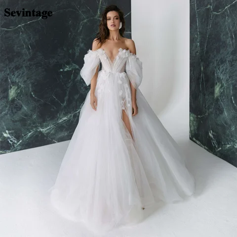 Sevintage High Side Split Wedding Dresses V-Neck Puffy Sleeve Ball Gown Brides Gown Lace Appliques 3D Flowers Princess Dress